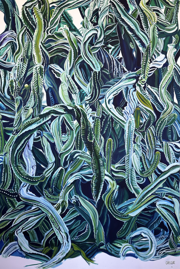 An oil painting of infinite lines of twisting cacti.