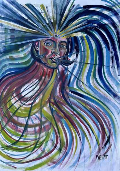 An abstract portrait of a woman with a third eye. The woman is surrounded by an energy field of color.