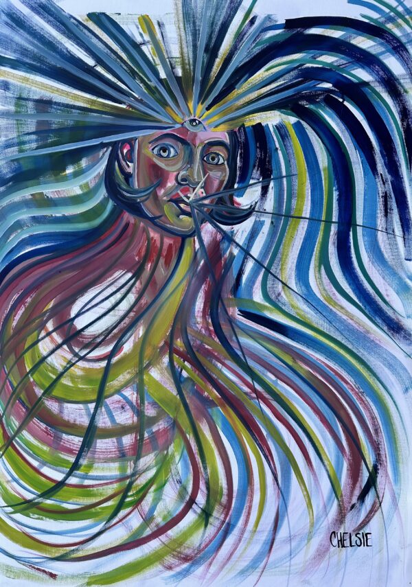 An abstract portrait of a woman with a third eye. The woman is surrounded by an energy field of color.