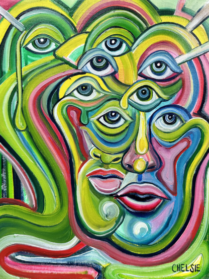 Abstract painting of an extraterrestrial face with eight eyes, featuring a vibrant green palette symbolizing nature, growth, rebirth, health, and positivity.
