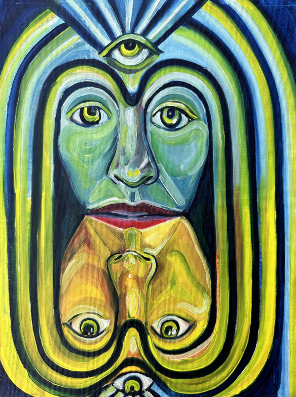 An oil painting featuring two faces, one in serene blue with a third eye, the other in vibrant yellow, presented upside down, symbolizing the interplay of opposites, balance, and inner wisdom.