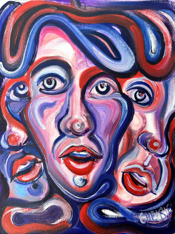 Abstract painting with three faces symbolizing varied identities.