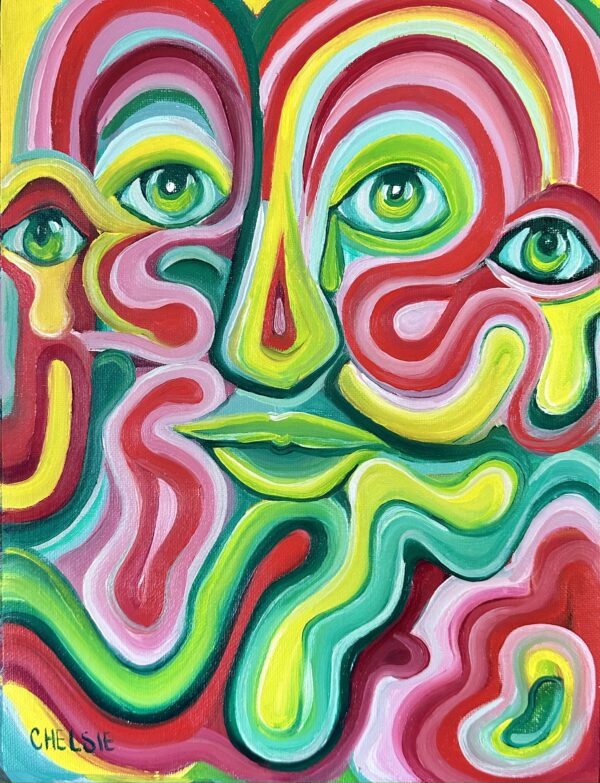 Abstract oil painting representing the enduring authenticity beneath the masks we wear, using vibrant pink, red, and yellow-green hues to convey deep emotions and inner truths.