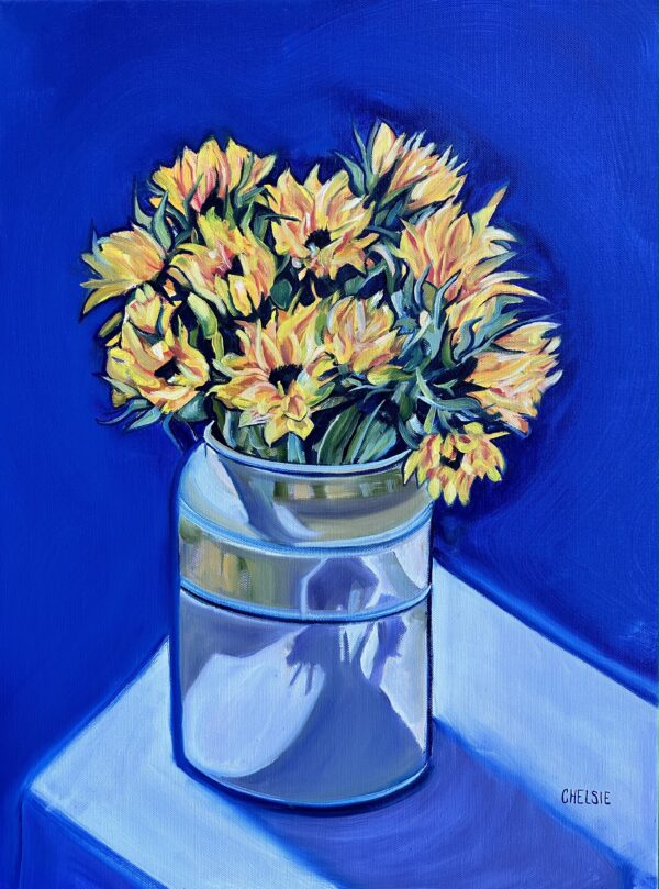 A painting of a bouquet of sunflowers in a vase, set against a dark background, showcasing the play of light and shadow.