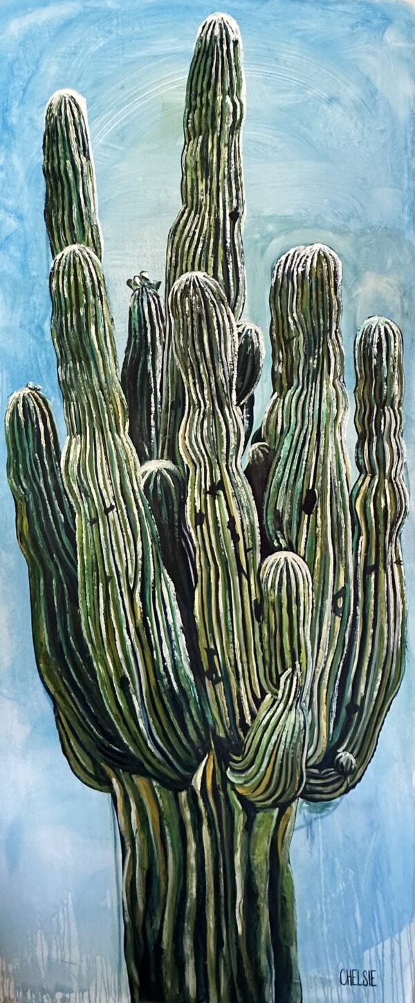 A painting of a bold and majestic saguaro cactus in the desert, symbolizing abundance, resilience, and growth, with a radiant glow under the desert sun.